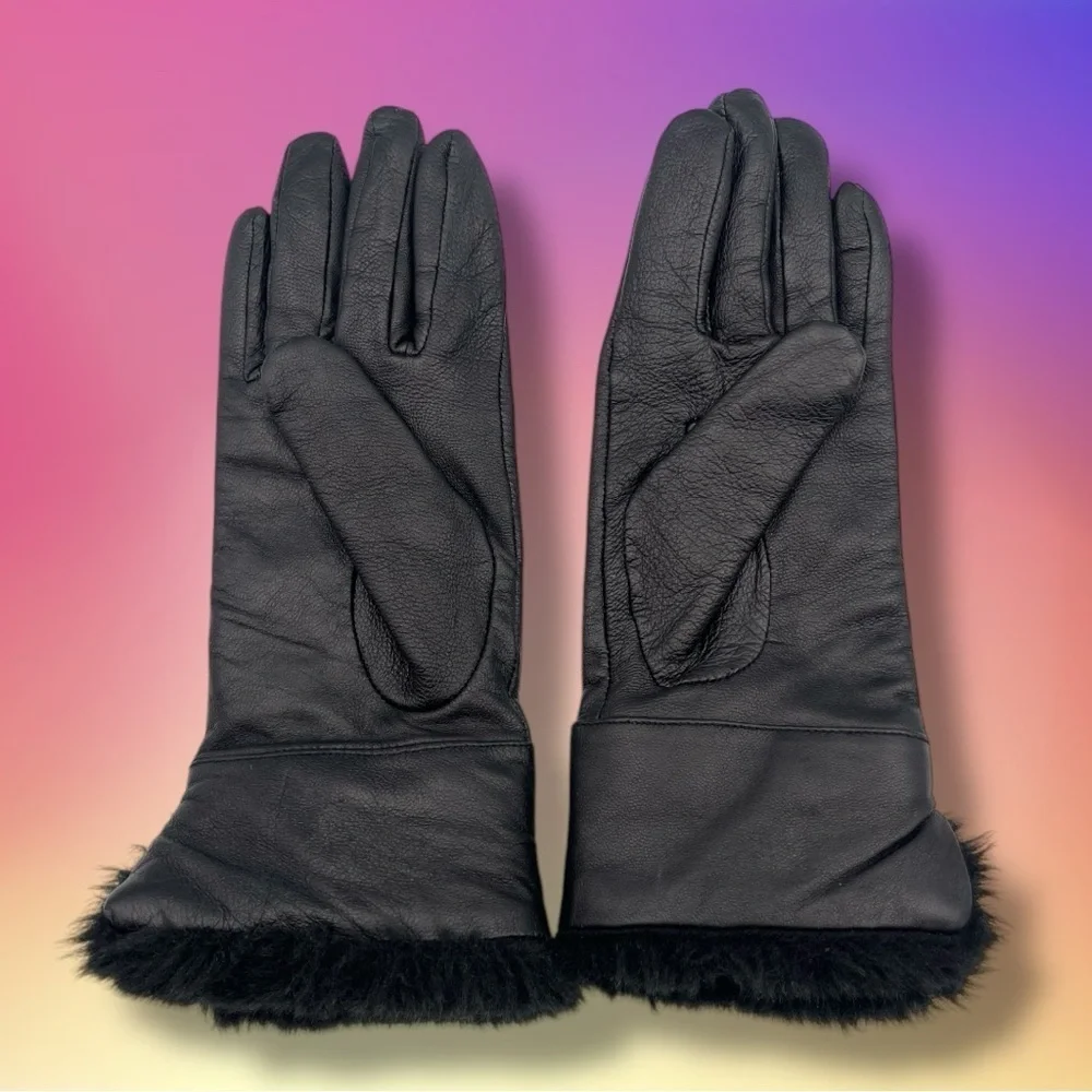 Ann Taylor LOFT Black Leather Faux Fur Lined Gloves Size Small